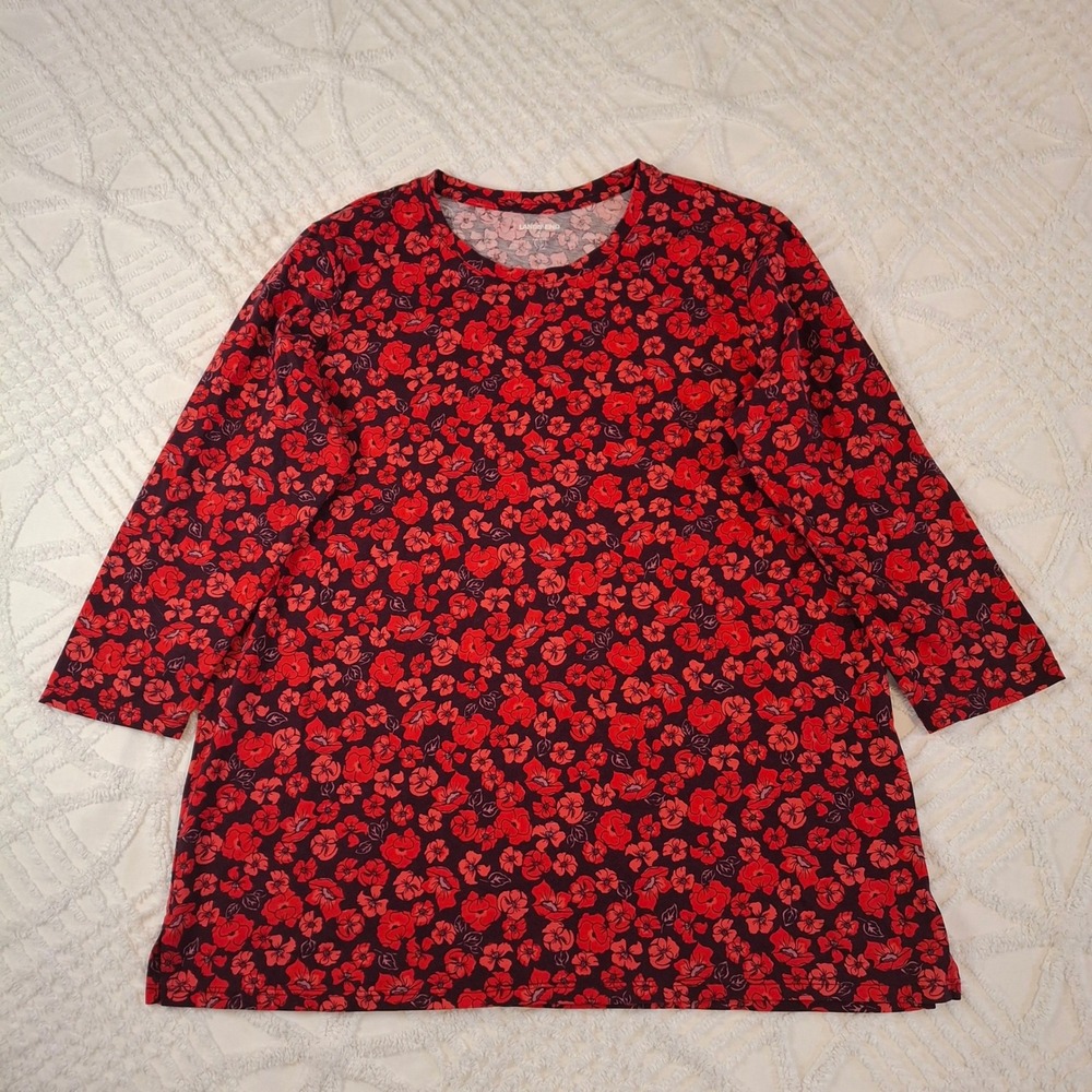 Lands End Womens Large 14-16 Top Red Burgundy Floral Supima Cotton 3/4 Sleeve
